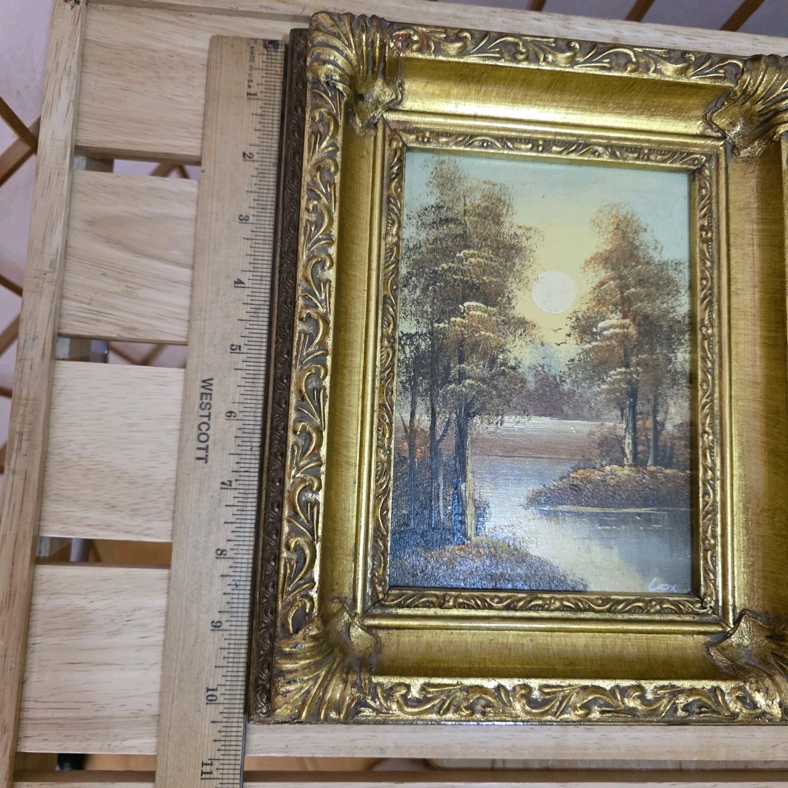 Pair Vtg Small Miniature Signed Art Oil Paintings on Board Framed Gold Ornate