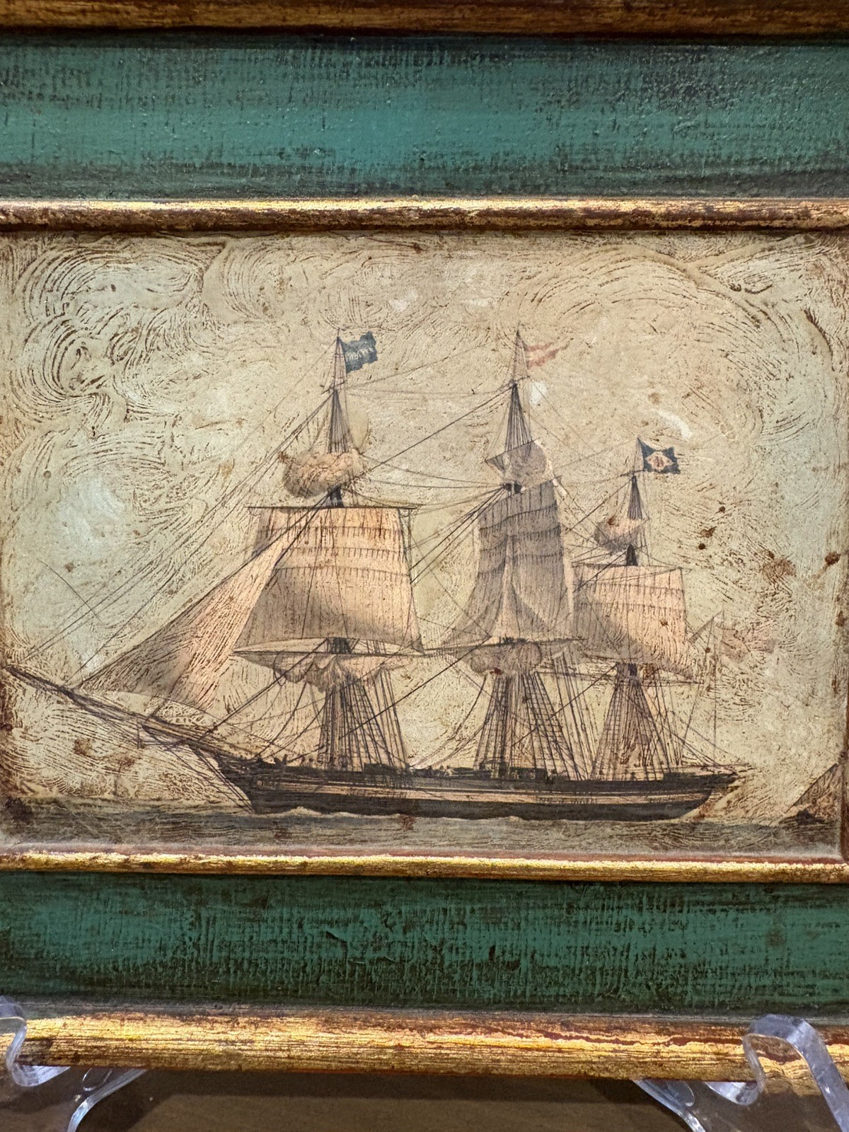 Pair Vintage 19th C. Paintings 3 Masted Clipper Tall Ships Painted on Board