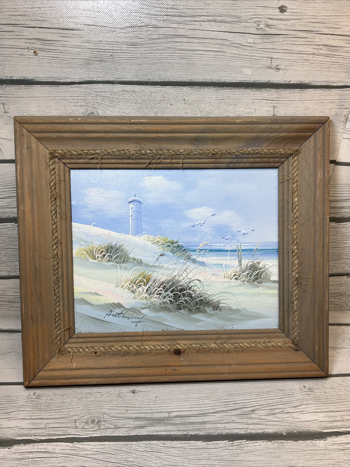 Nautical Oil Painting Signed Boat Coastal Beach Land Seascape Seagulls Framed