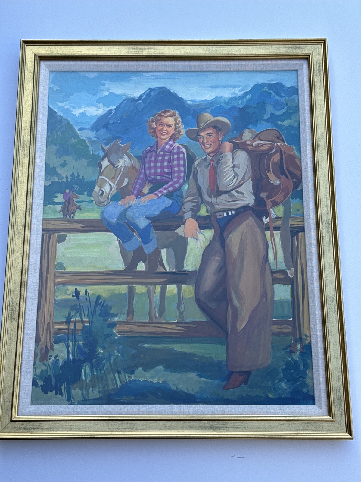 WESTERN COWBOY PAINTING ILLUSTRATION PORTRAIT PRETTY WOMAN LANDSCAPE 1950’S