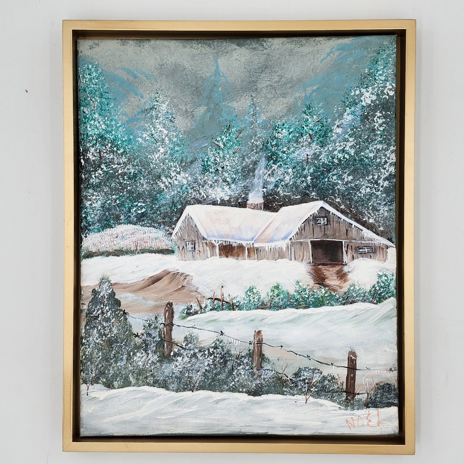 Original Winter Landscape Oil Painting Snowy Barn Farm Signed Noel 17×21 Framed