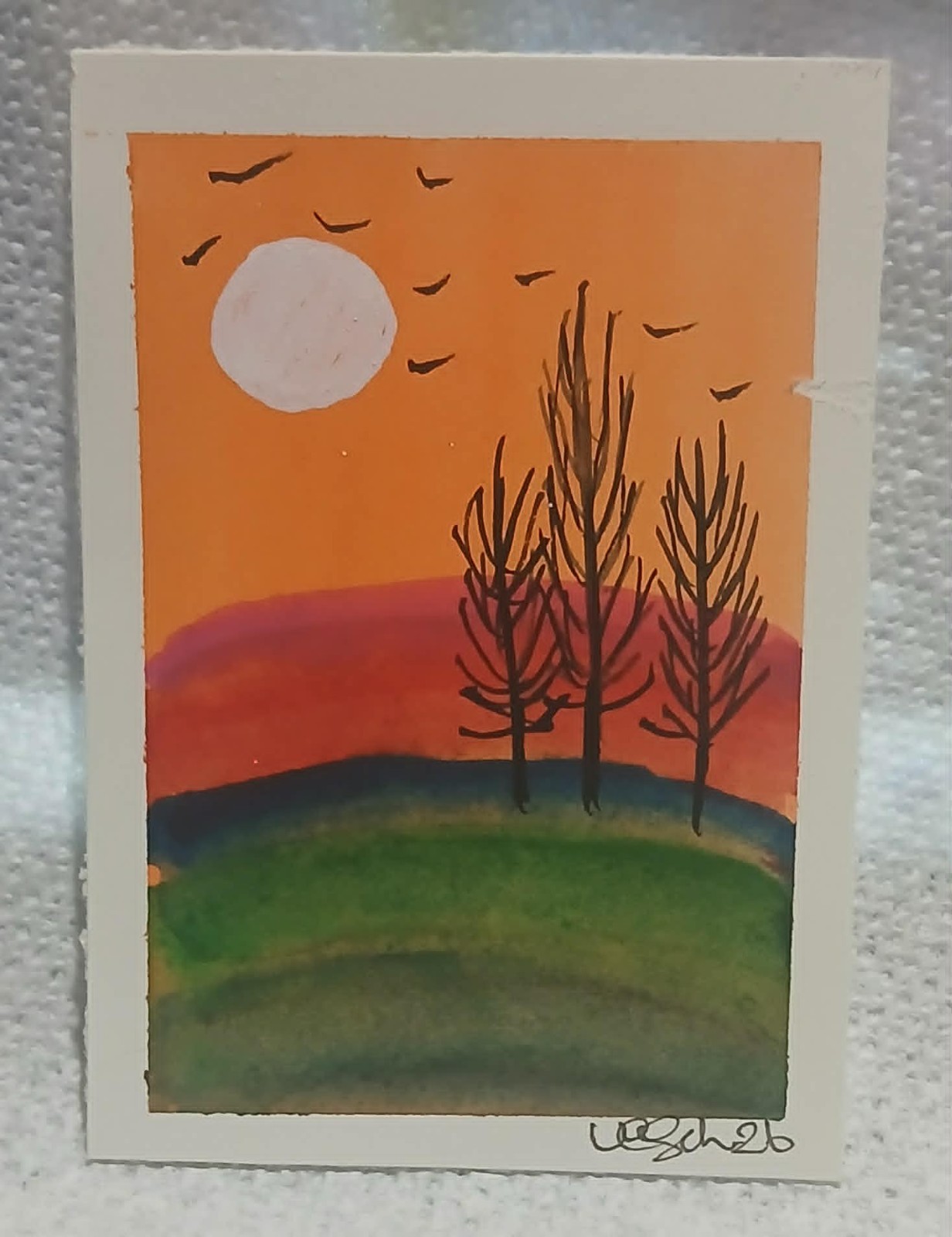 Minimalist Sunset Tree Silhouette ACEO OOAK Watercolor Mini Art Card