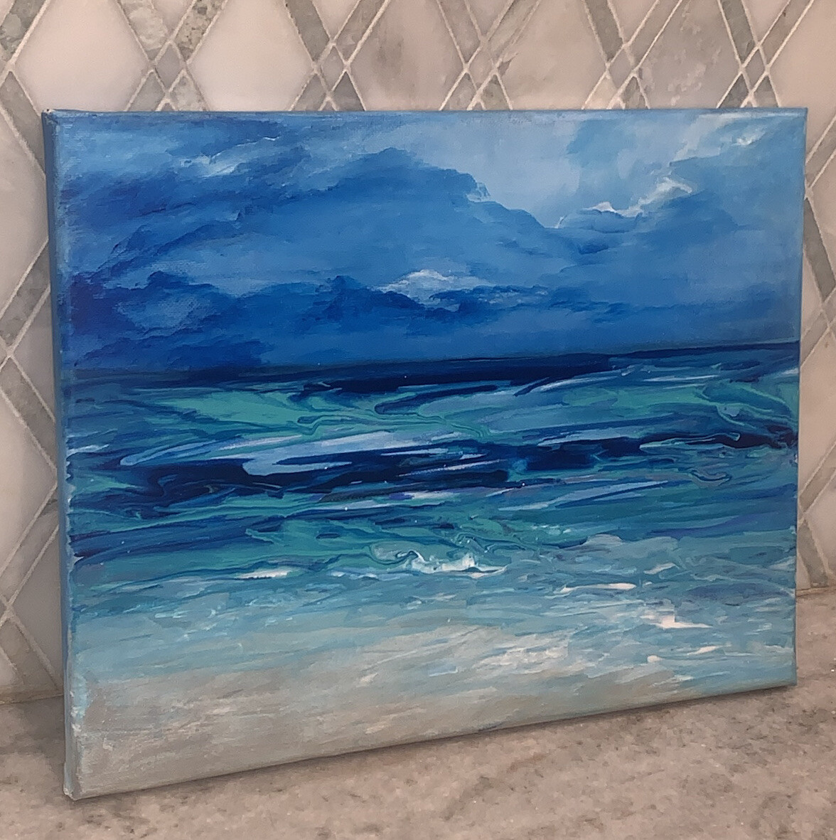 Original Modern Impressionist Oceanscape Beach Shades Of Blue Wht Canvas 11”x14”