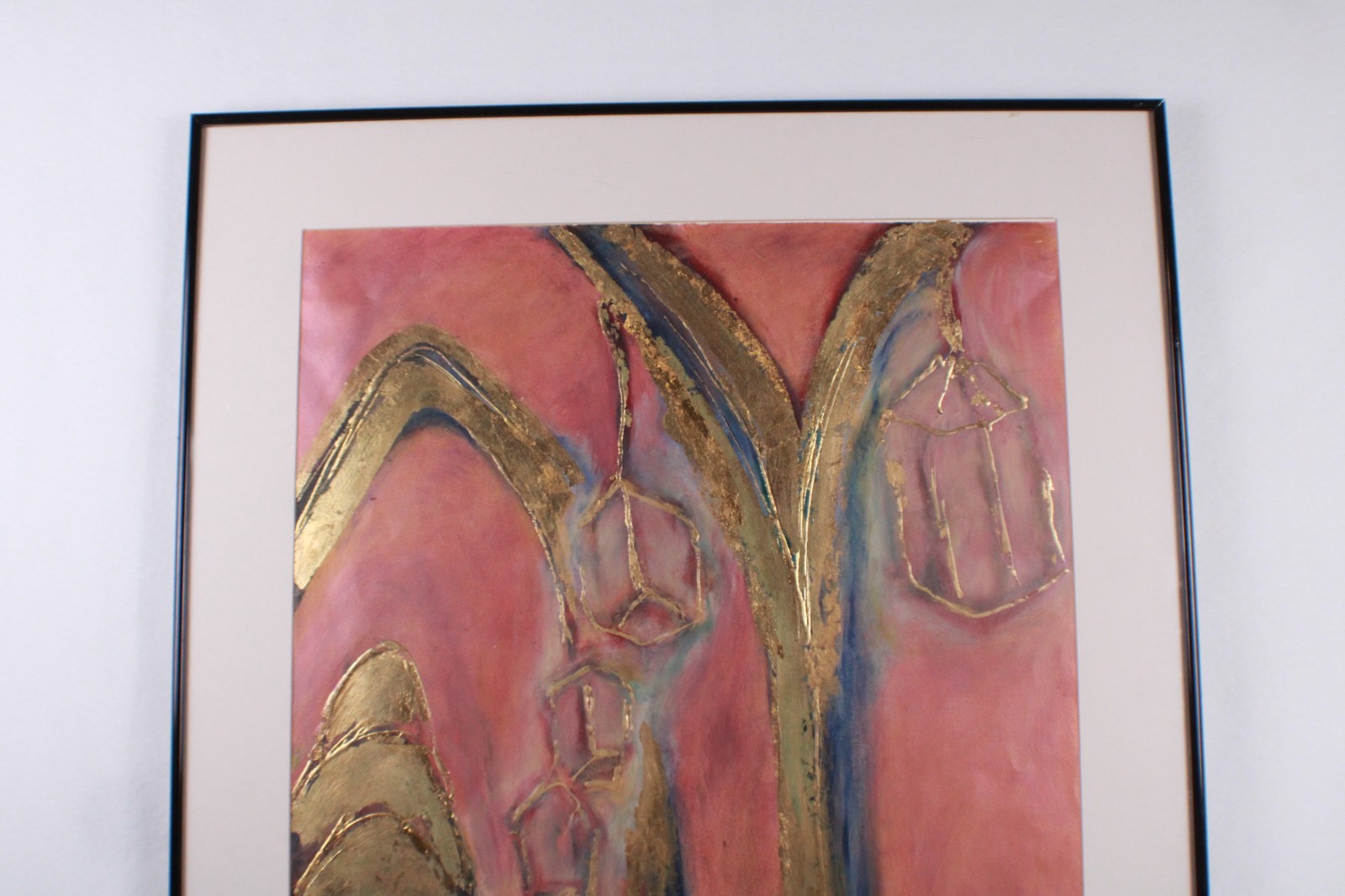 Mid Century Red And Gold Abstract Mixed Media Painting Signed Nail