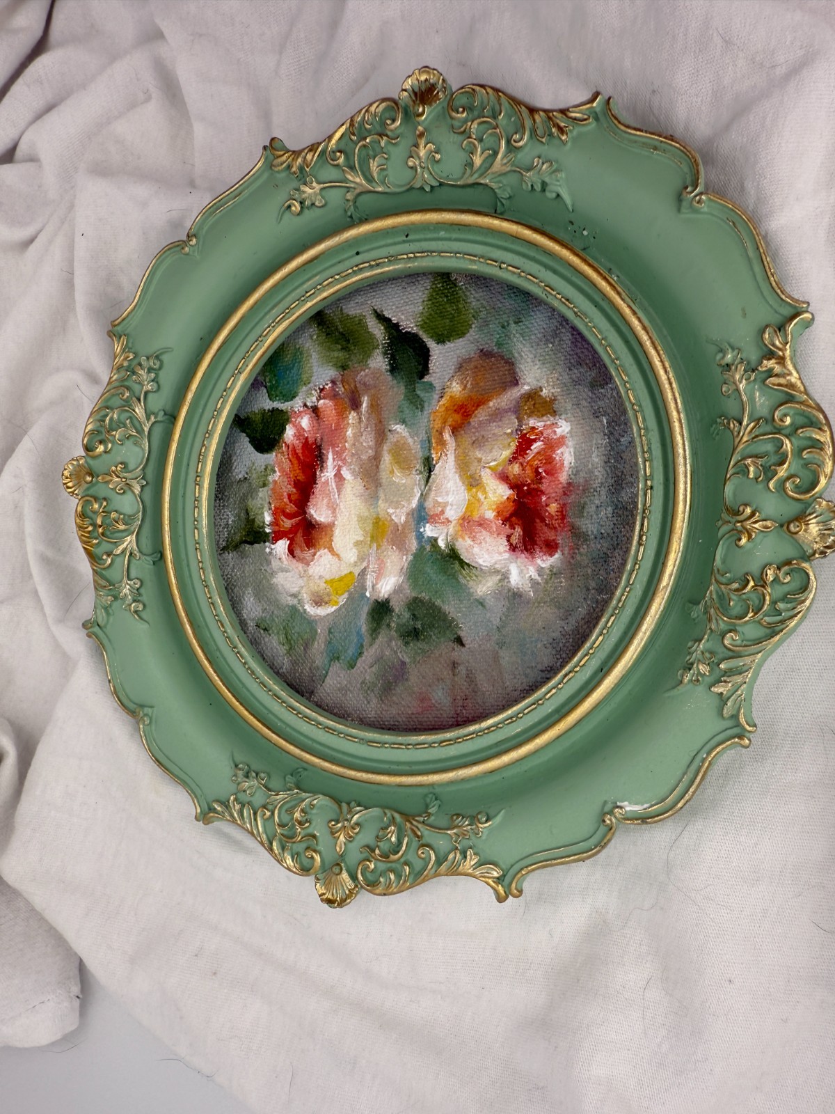 Miniatur Floral Elegance – Original Tiny Oil Painting in Handmade Ornate Baroque