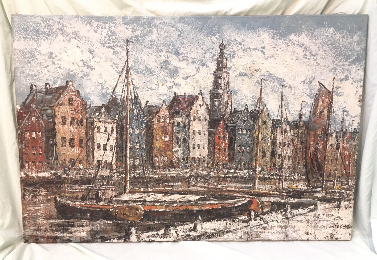 23.75”x35.5” Euro Water Cityscape H. de Jong Oil Painting On Canvas 2 Holes