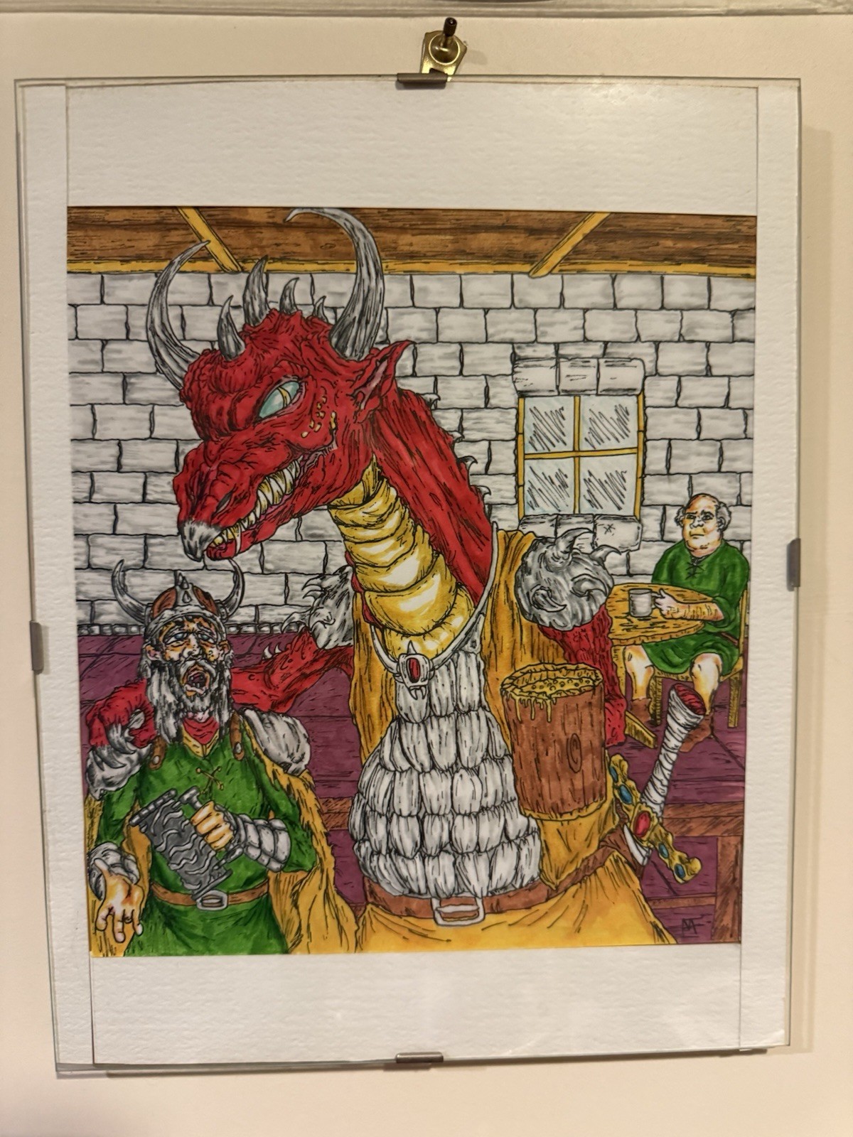 “The Dragon Bar” Original Artwork 8×11” Art In Frame Knights D&D Fantasy Beer