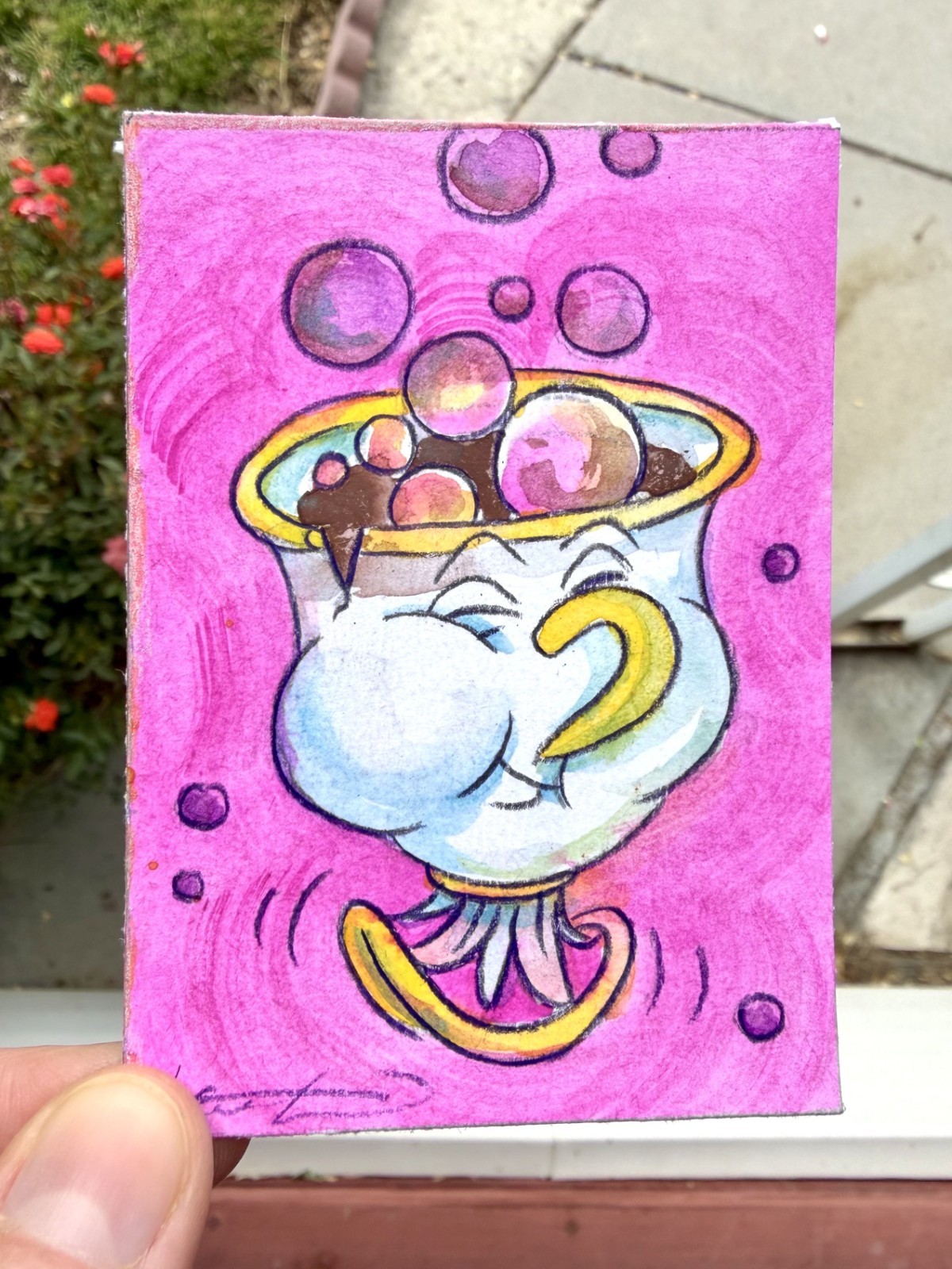 Original ACEO Chip Painting by Alannah Dyer- Mini Art 2.5×3.5 in. Disney Teacup
