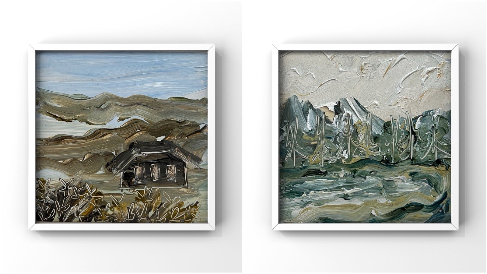 Swiss Alps Mountain Cabin Landscape Diptych Alpine Valley Scene Painting Framed