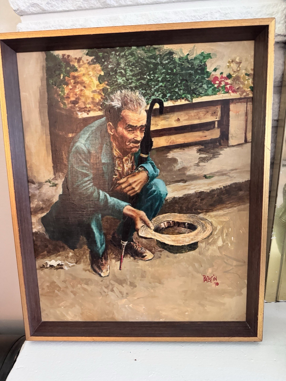 VTG 1970 Original Oil Painting Portrait Of Poor Man Begging W/Hat 21×17 Signed