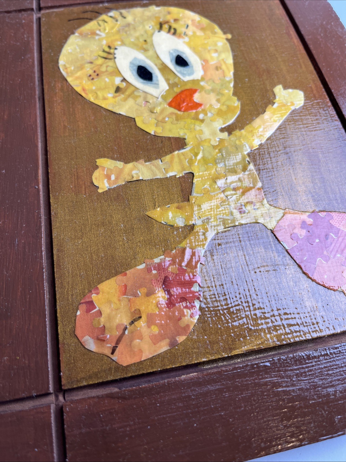 Handmade Unique Tweety Bird Art Modern Using Puzzle Piece Collage Vtg Warner Bro