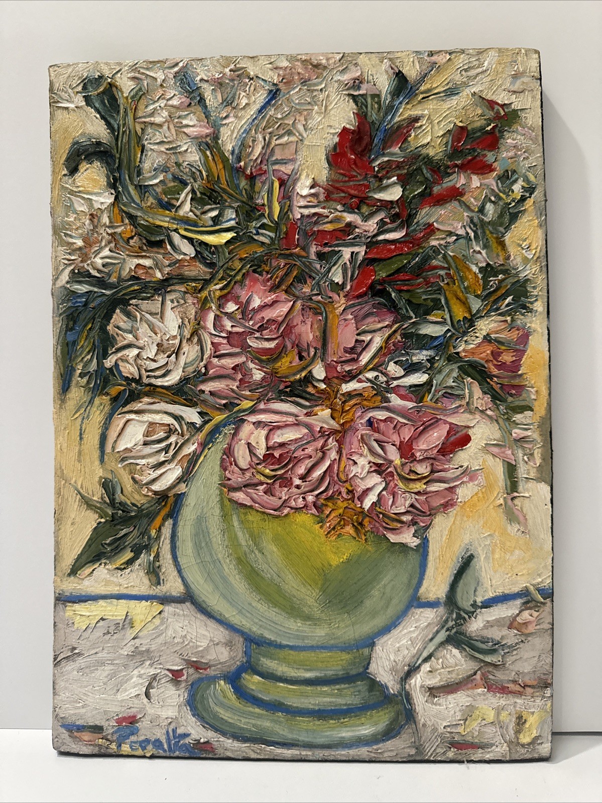 SMALL IMPRESSIONIST FLORAL PAINTING SIGNED PERALTA STILL LIFE FLOWERS CHUNKY OIL