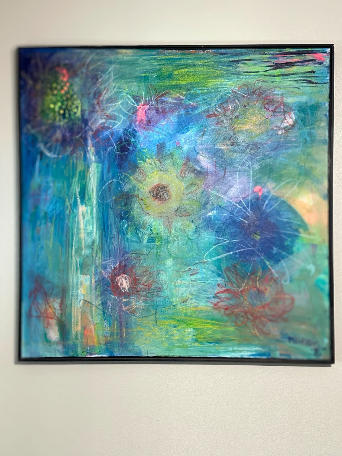 Origin Melissa Bollen Painting 36.5×36.5 In Frame Artist Signed Front And Back