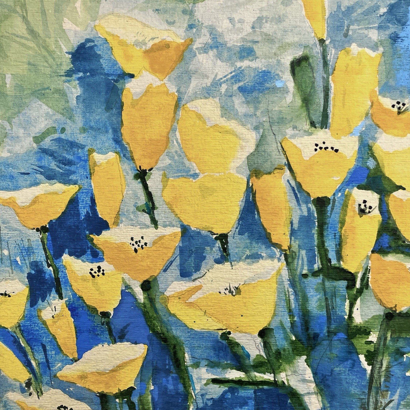 ORIGINAL WATERCOLOR of Yellow Poppies / DONNA McCAULEY? / 12×13 Inches / SIGNED