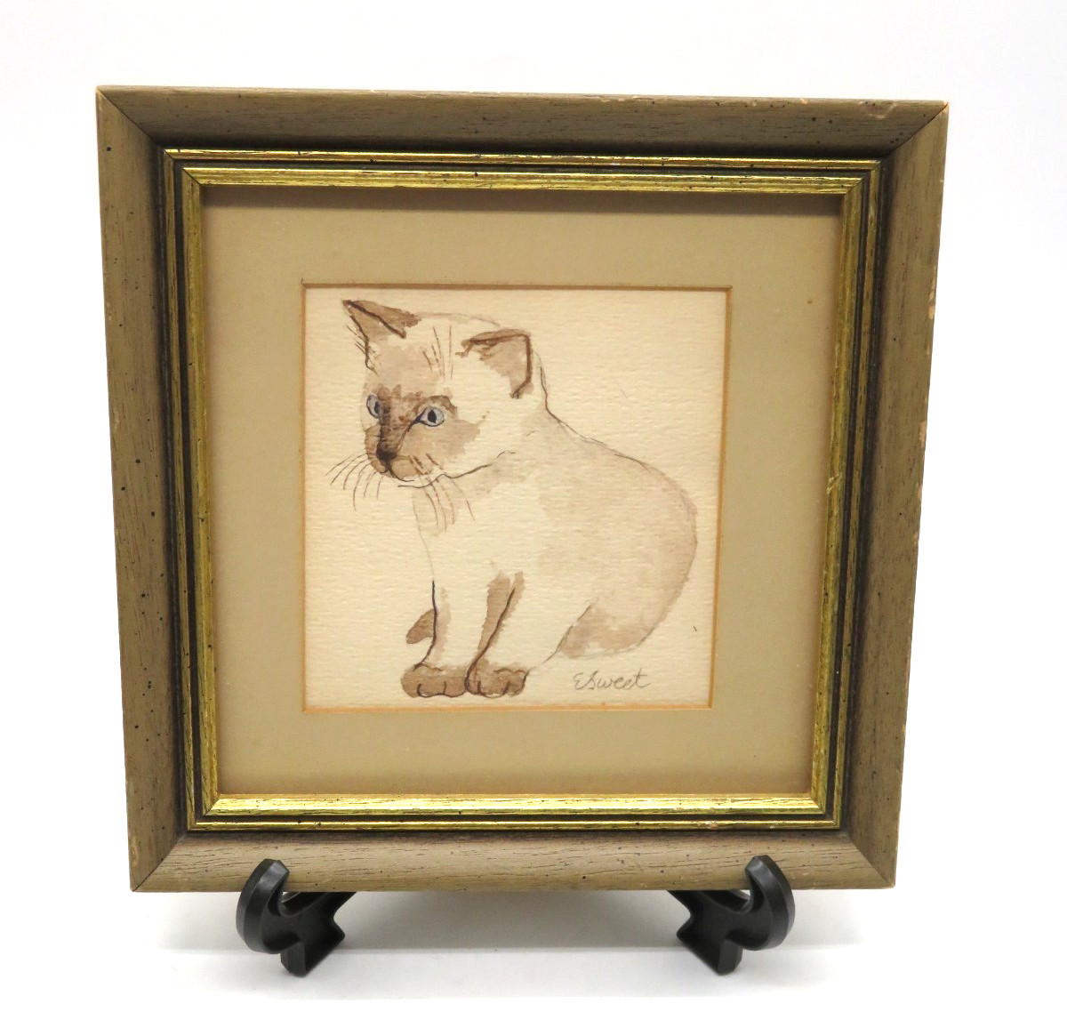 VTG Hand Drawn watercolor Siamese Kitten Framed Matted 7″ square signed E Sweet
