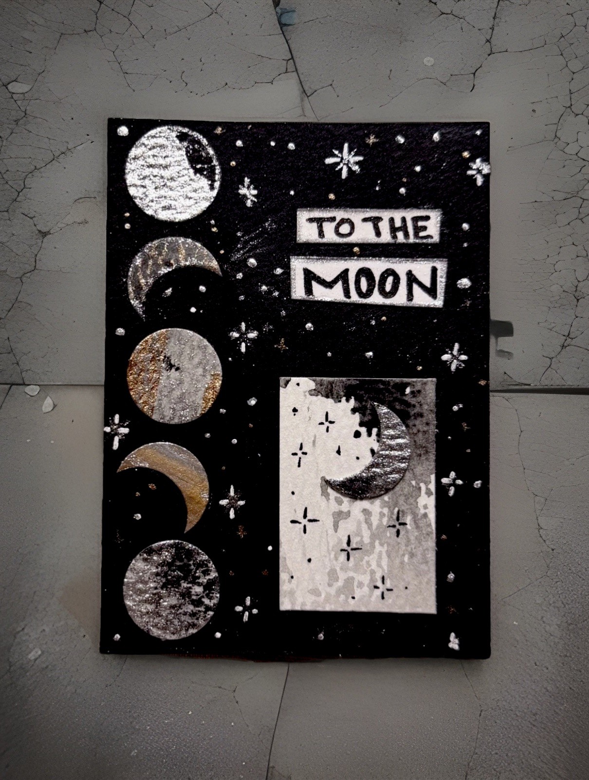 ACEO collage abstract art OOAK Silver Gold Stars Moon