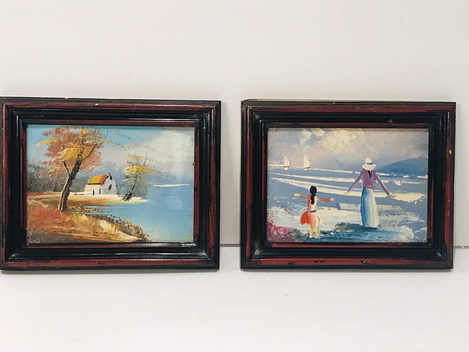Vintage Small Oil Painting Set of 2 Framed Pictures 6”-4.5” Made in Italy