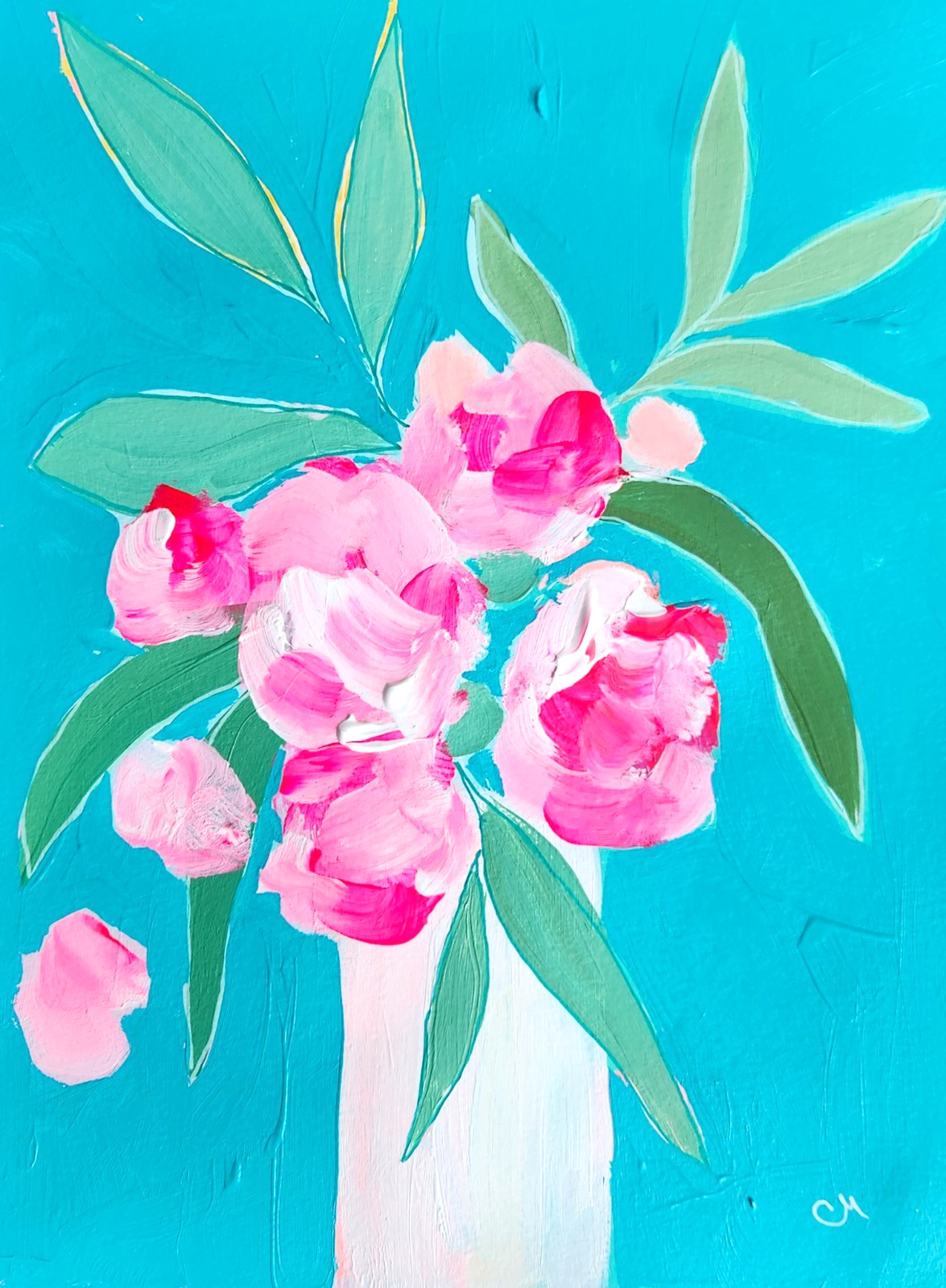 Original Abstract 9×12 Botanical Painting Acrylic Pink Blue Wall Art Living Room