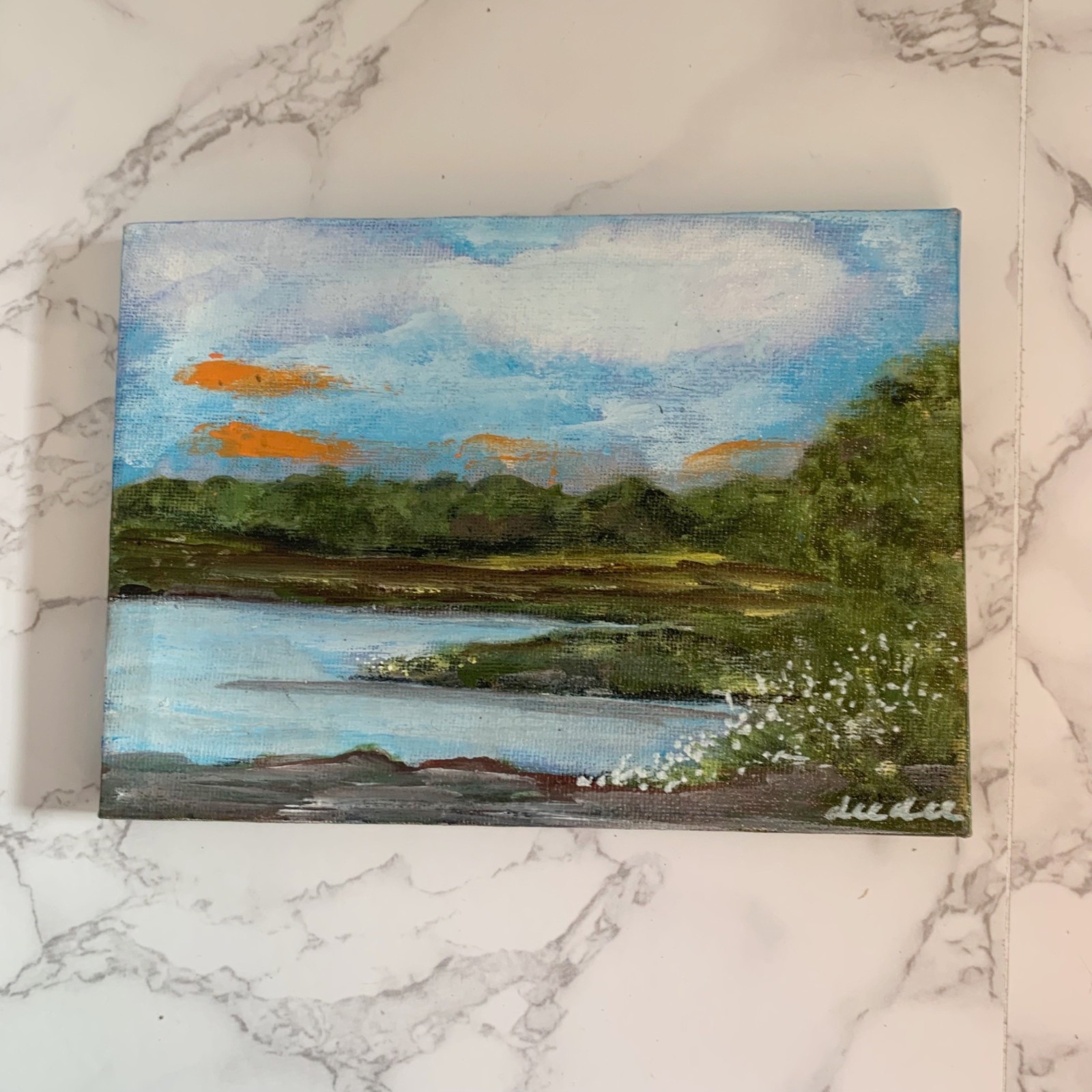 Hand Painted Landscape Painting Canvas Art Signed Dee Dee Blue Green 6.75 x 5