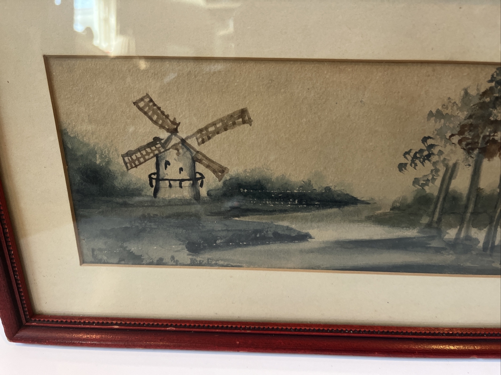 Antique Original E. Hughes Framed Watercolor Windmill 13” x 8”