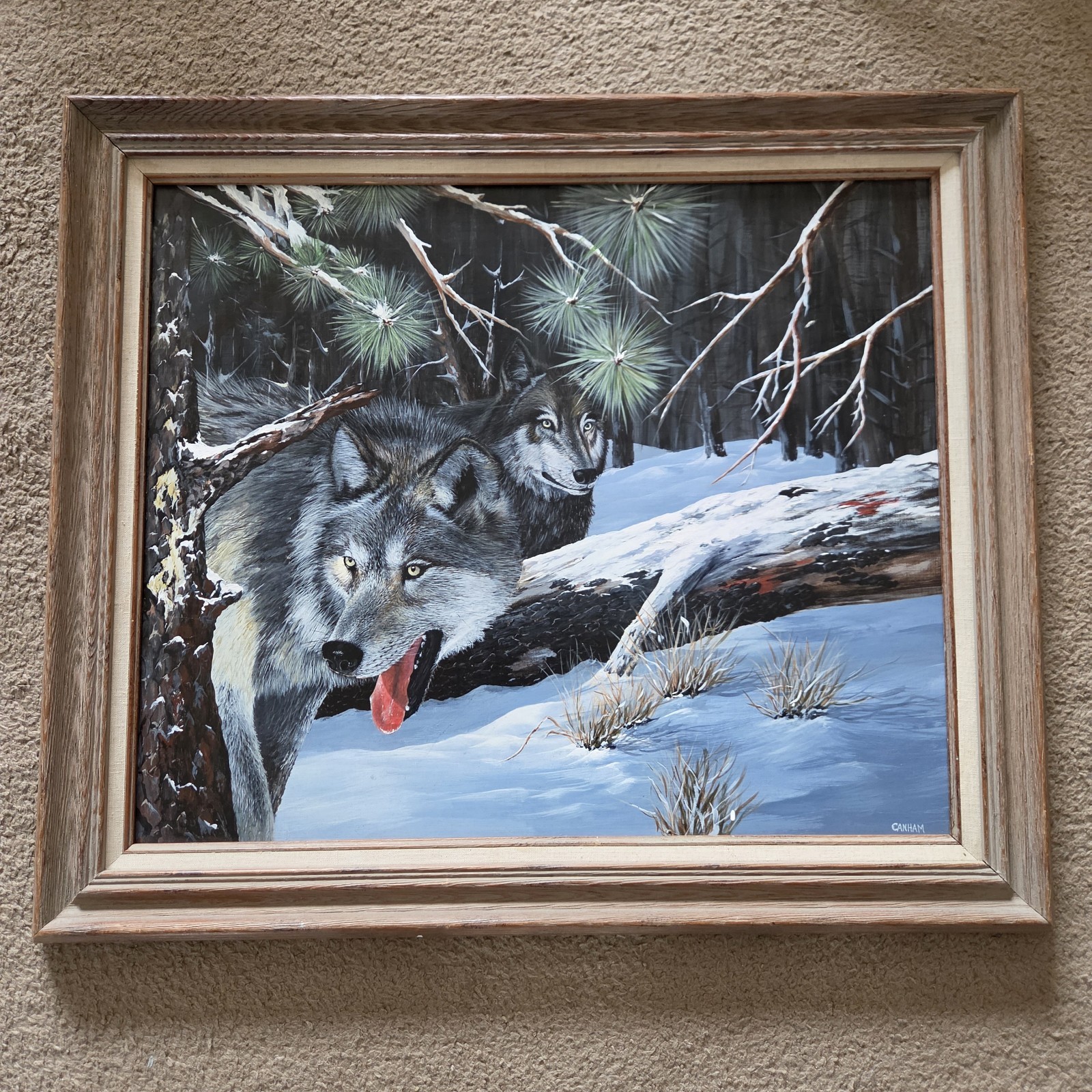 Vintage 1970’s Wolf Pianting Winter Scene Framed 28x24in by Canham Cabin Art