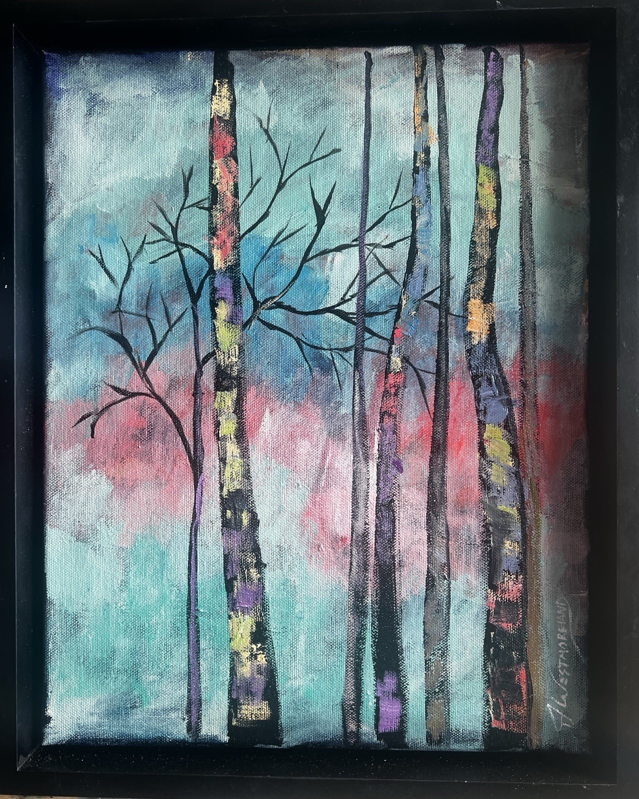 Sunset Enchanting Forest Acrylics And Oils On Canvas 12×16” Framed In Black