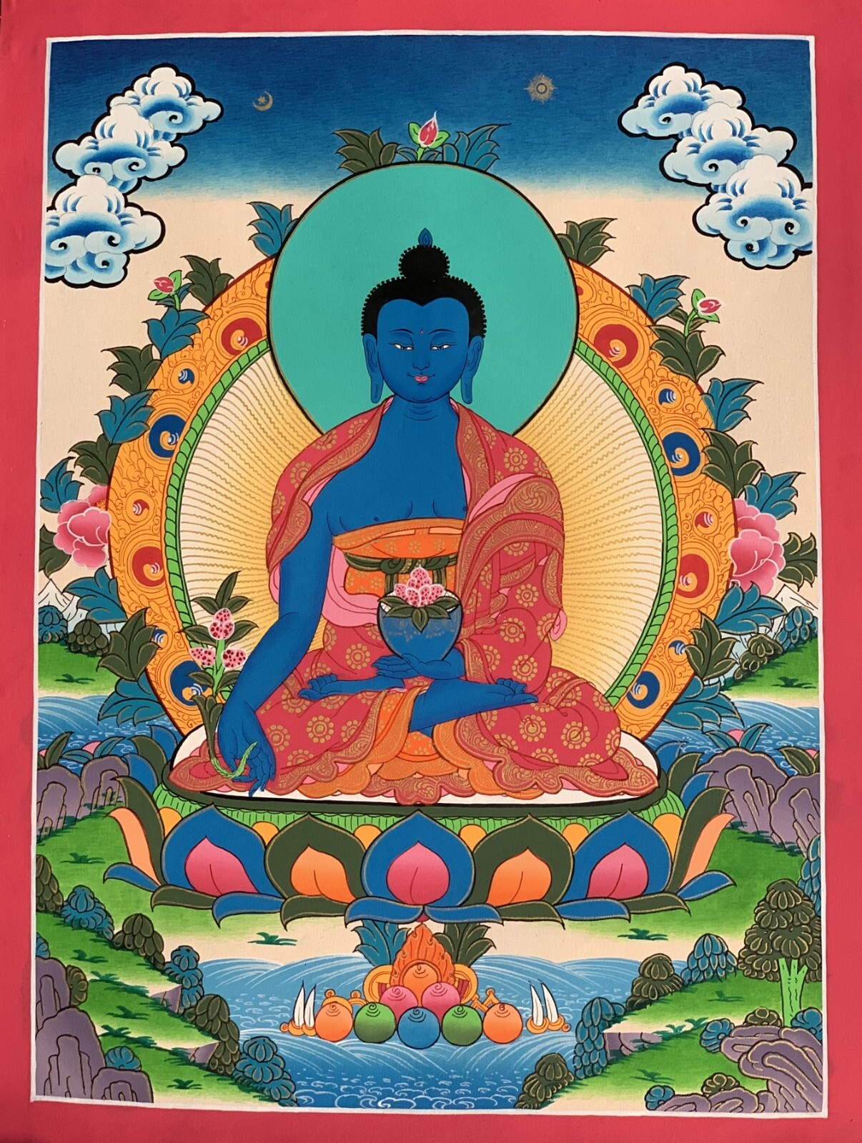 ORIGINAL HAND-PAINTED MEDICINE BUDDHA MASTER QUALITY TIBETAN THANGKA PAINTING