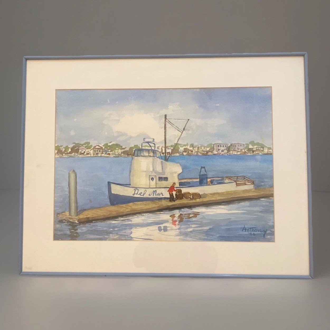 Vntg Original Del Mar California Painting Fishing Boat Nautical 20” X 26”