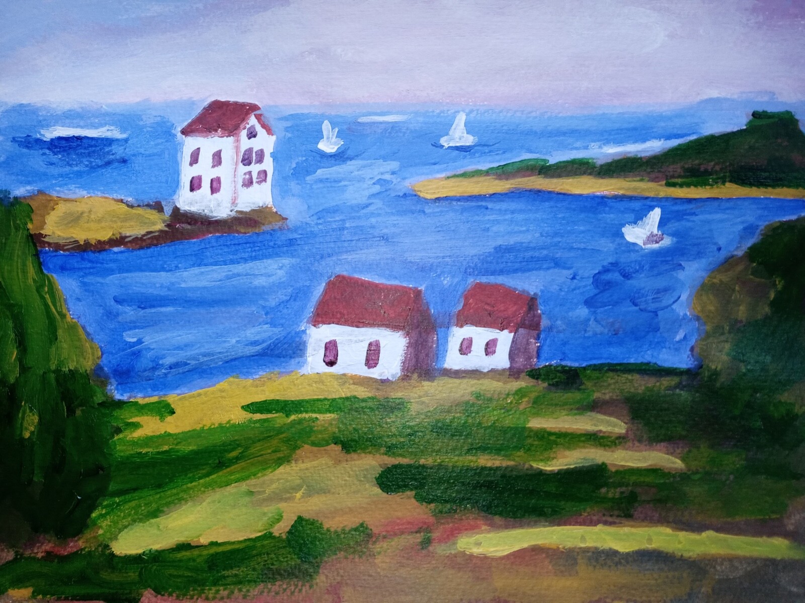 Impressionism 11×14 sea view village Handmade Signed Colorful Art Painting