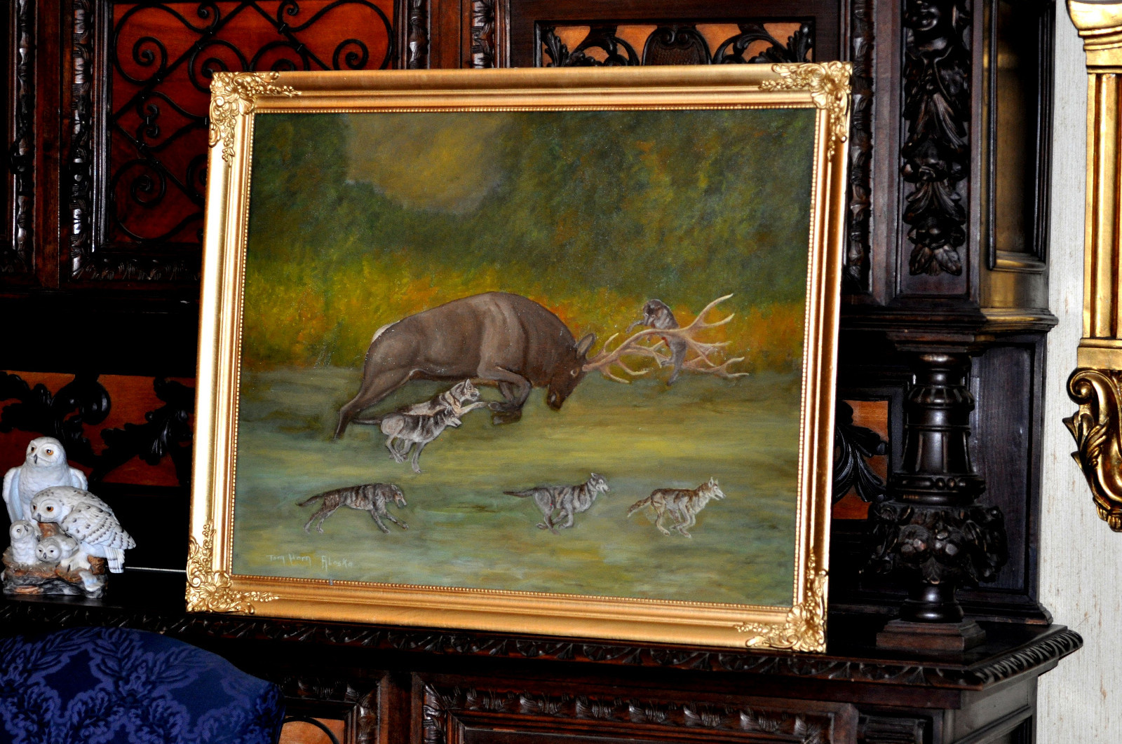 Large Americana Wolves attacking Elk Oil Painting