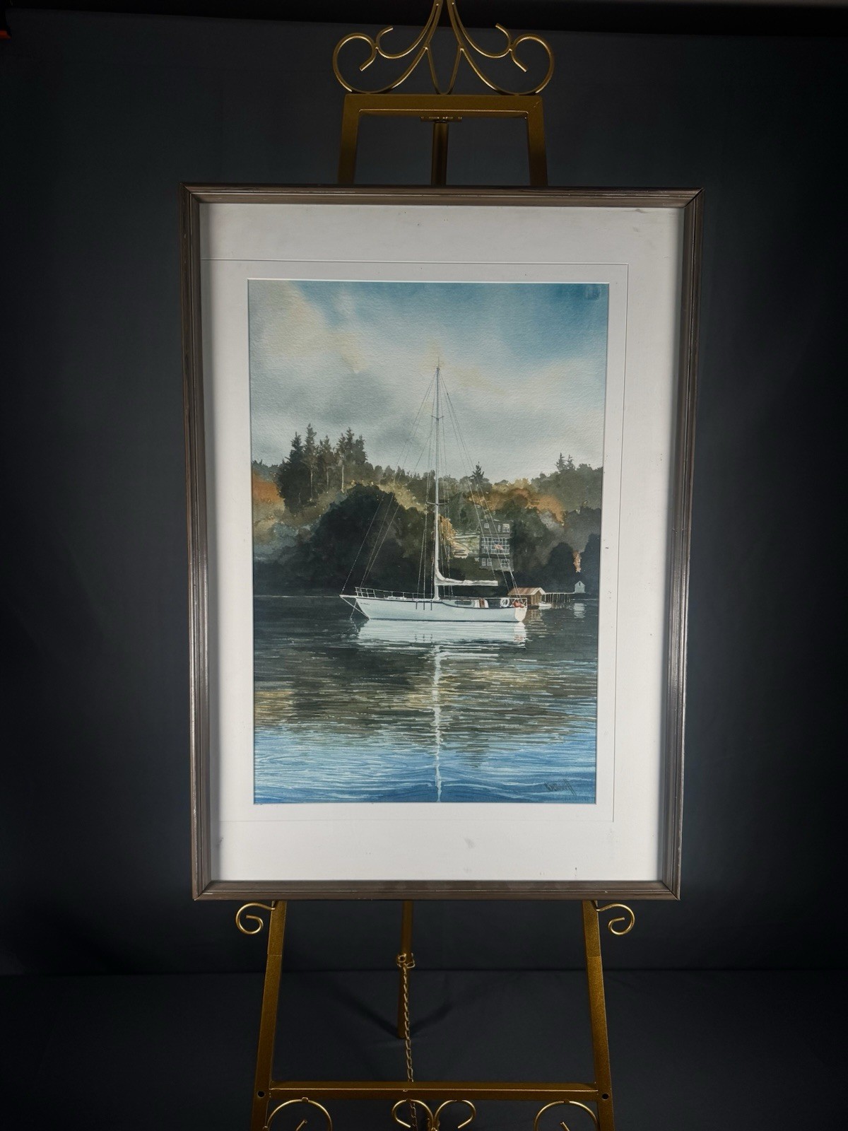 Fine Signed 1991 Sailboat Watercolor Framed Serene Coastal Harbor Painting