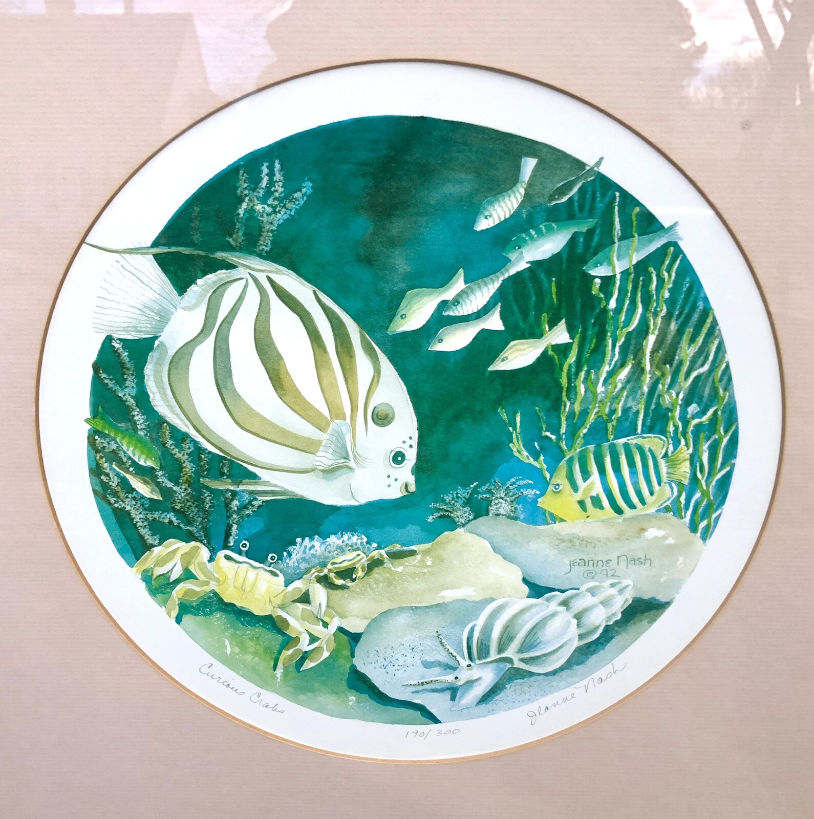 Gorgeous Framed Original Jeanne Nash Watercolor «Curious Crabs» c1992