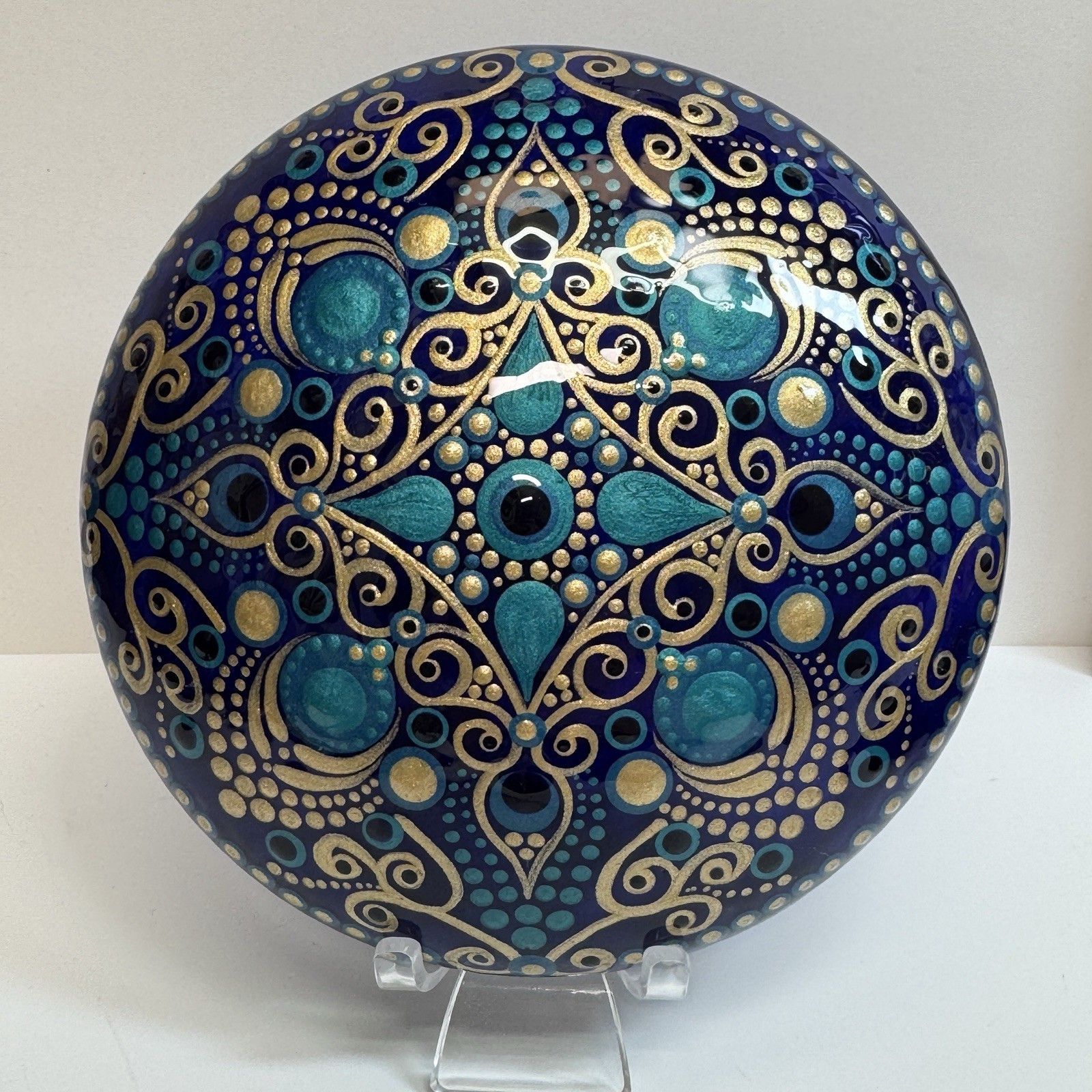 XL Indigo Ocean Mandala – Hand Painted Handmade Stone – By JaDeL