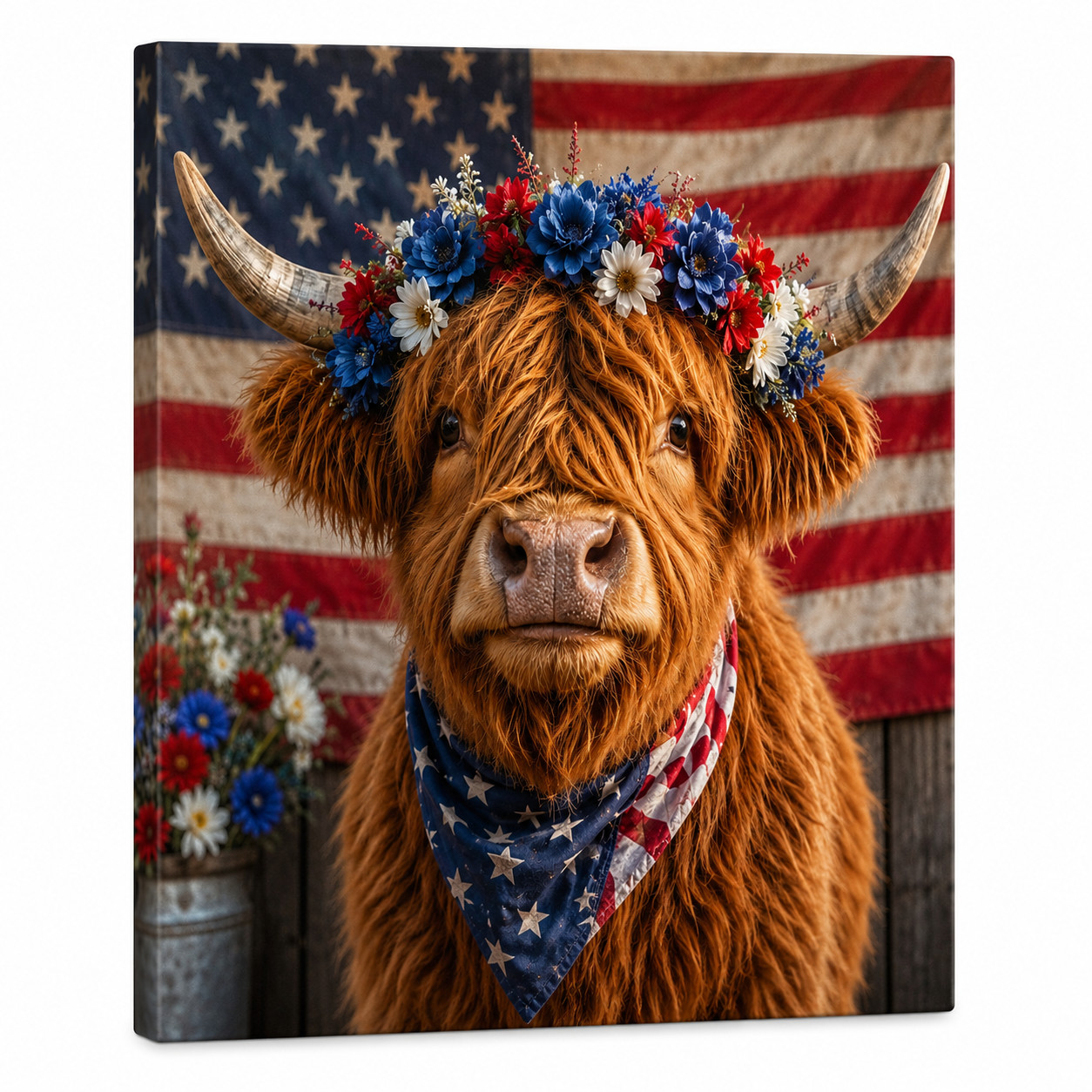 Patriotic Highland Cow Canvas Wall Art American Flag Farmhouse Decor Gift frame