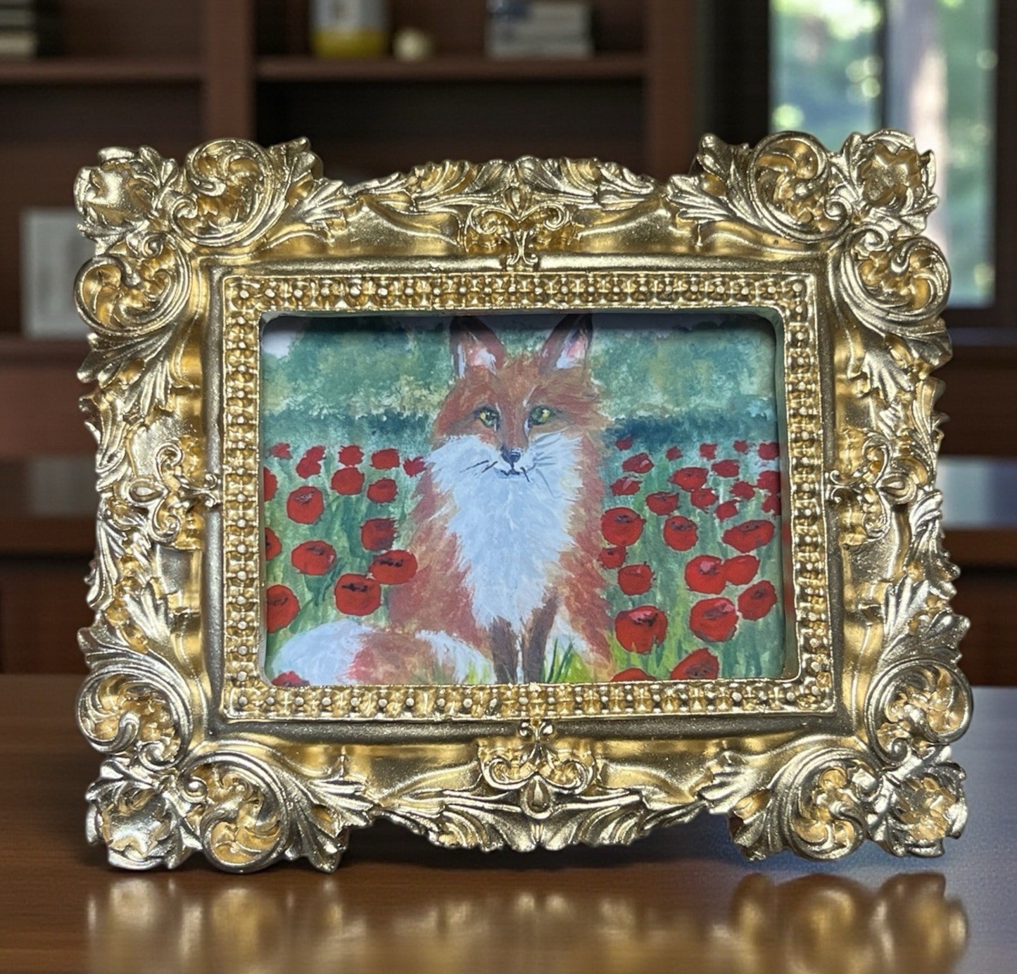 Fox in a Poppy Field Floral Landscape art print in mini vintage style frame