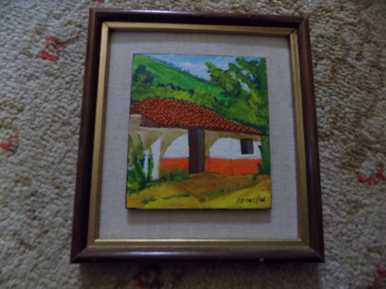 Vtg Mini Burlap Matted & Framed Painting Tiled Roof House on Hill Rodas signed #