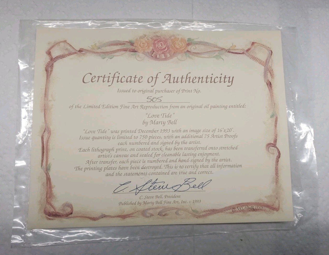 Marty Bell “LOVE TIDE” – Limited Edition Canvas #505/750 –With Certificate 16×20