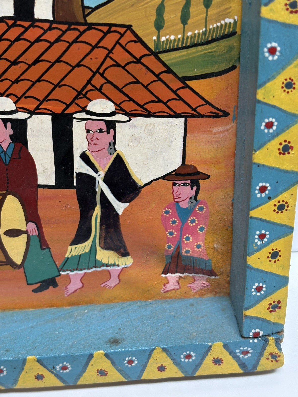 Vtg Hand Painted Peruvian Folk Art On Animal Hide Signed & Framed Original