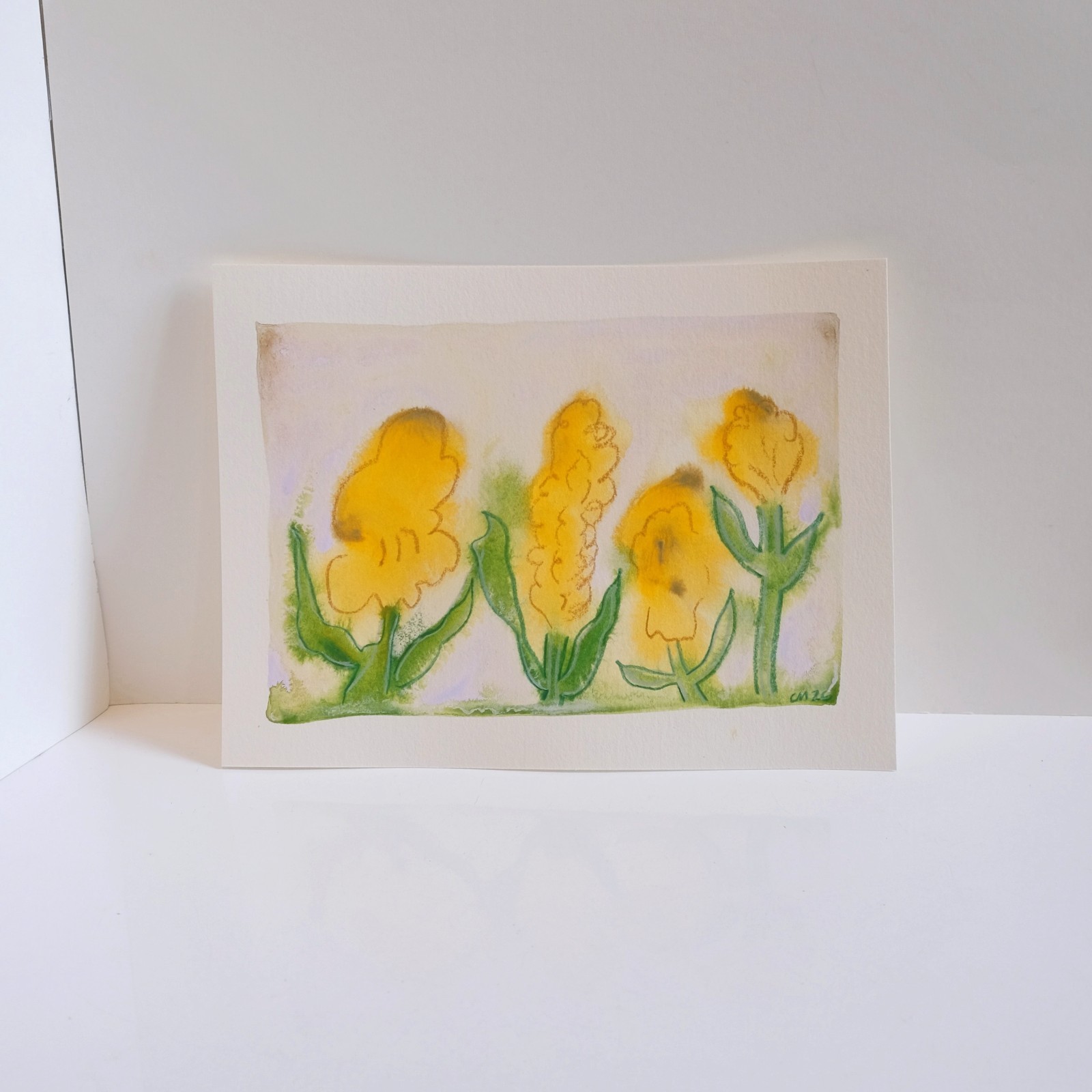 Yellow Wildflowers Gouache Flower Painting 100% Cotton Paper 8″ x 6″ Wet on Wet