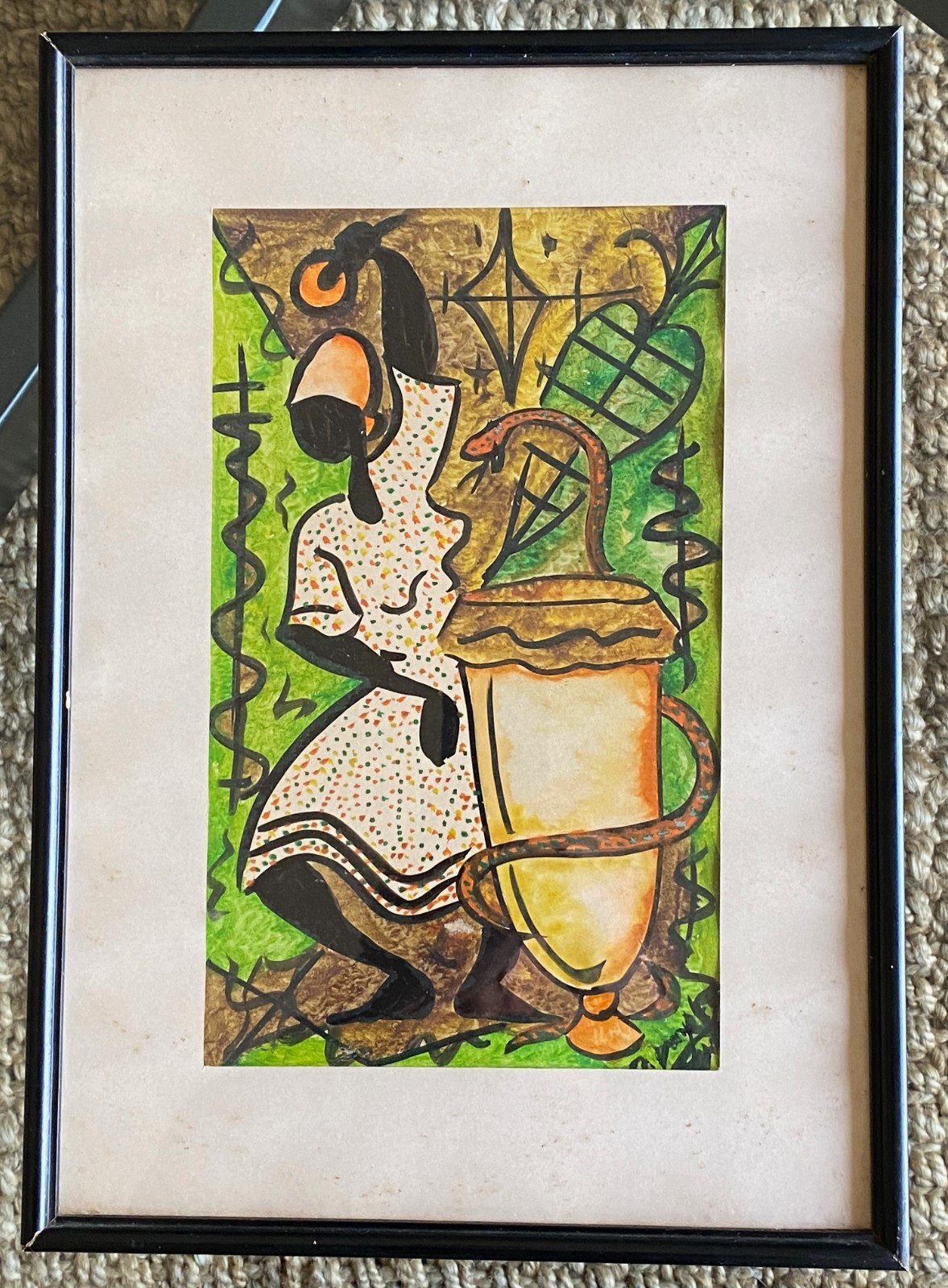 Vintage Voodoo Woman Snake Charmer Watercolor Haiti Signed