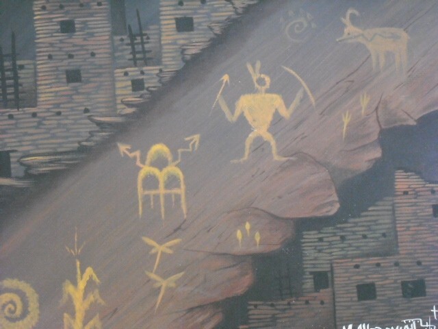small signed Indian pueblo with petroglyphs painting by M Cheromiah