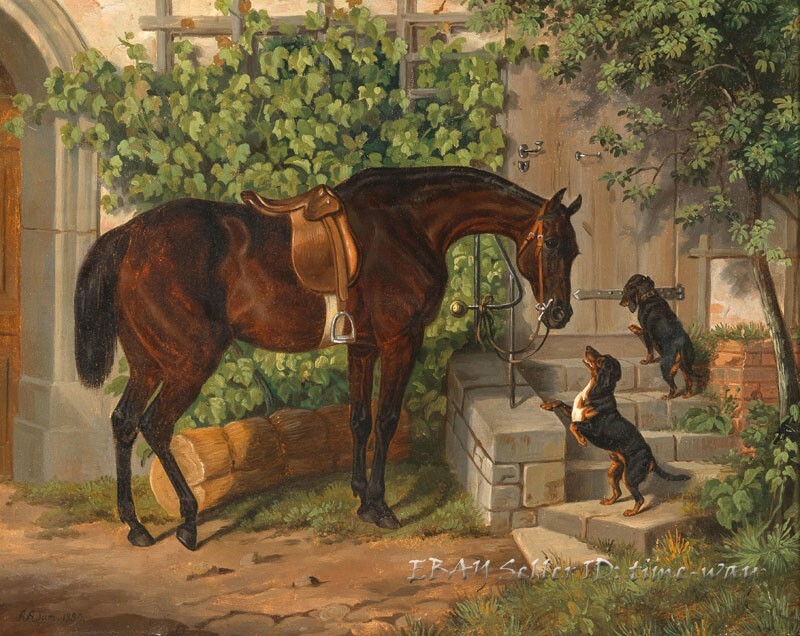 Hound Dog and Horse Oil painting Wall art Giclee Printed on Canvas P3279