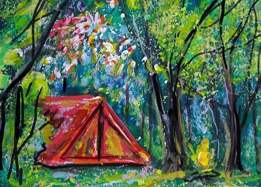 ORIGINAL ACEO Painting CAMPING Tent Fire Trees Fireworks Night Stars ATC ART