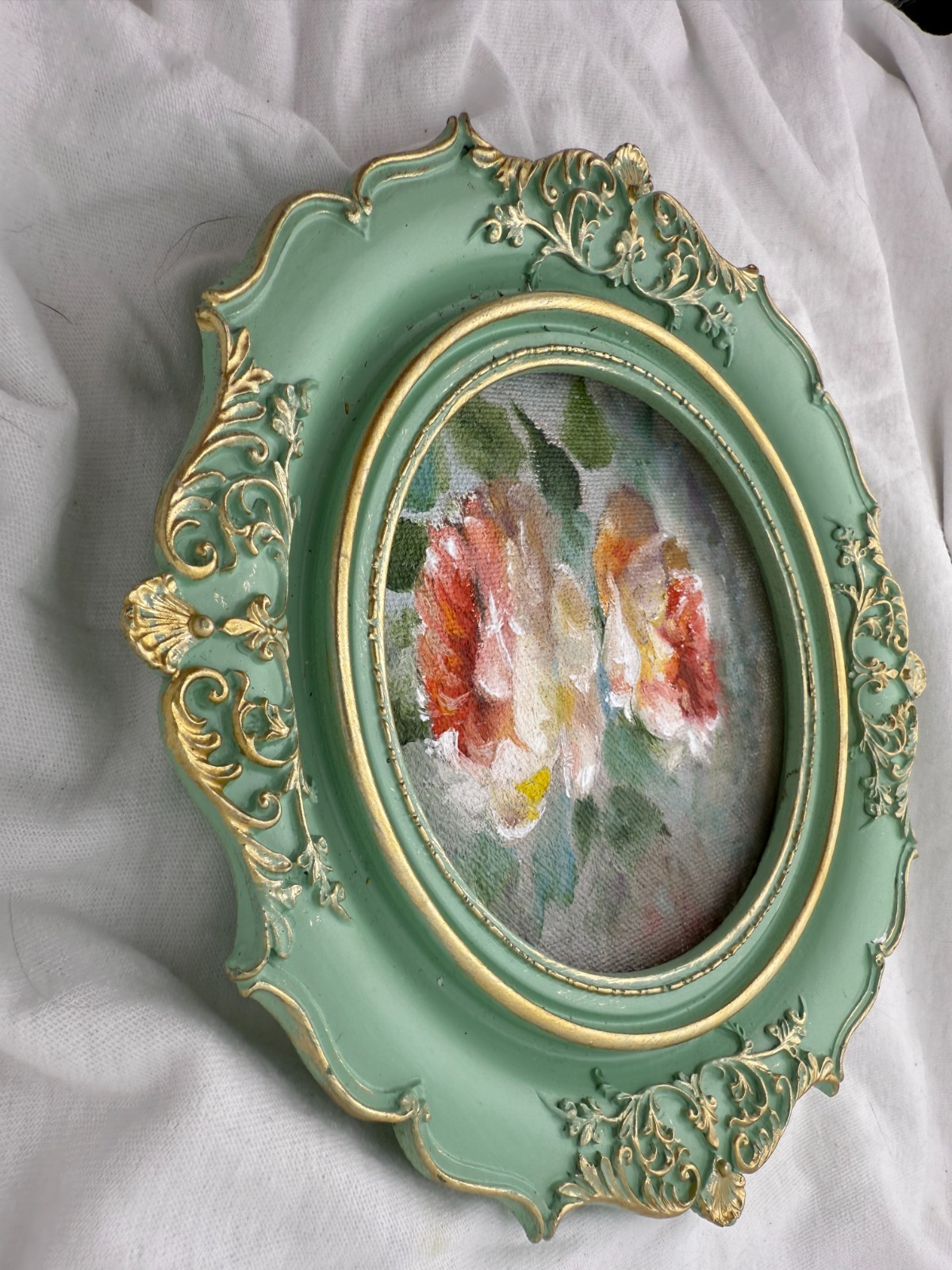 Miniatur Floral Elegance – Original Tiny Oil Painting in Handmade Ornate Baroque