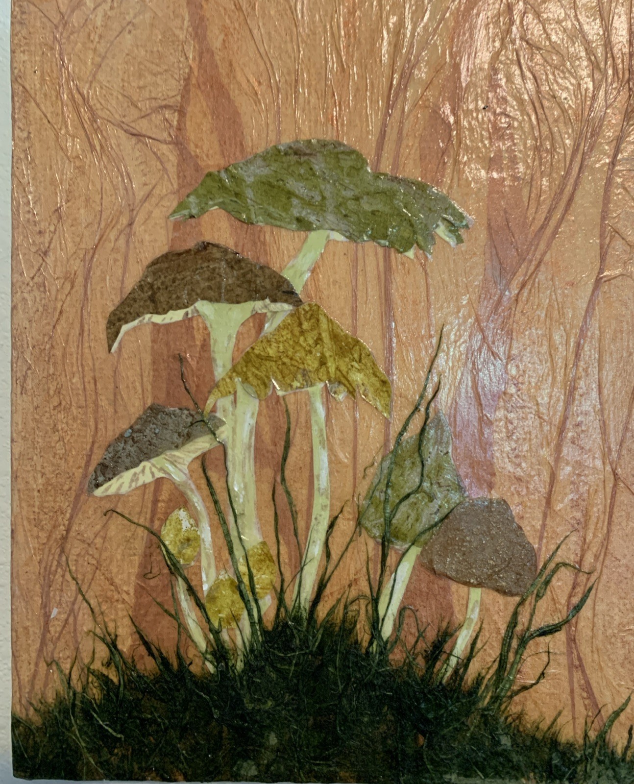 Painted Paper Mache Artist/Collage Signed Vintage Mushrooms On Canvas 8x 10