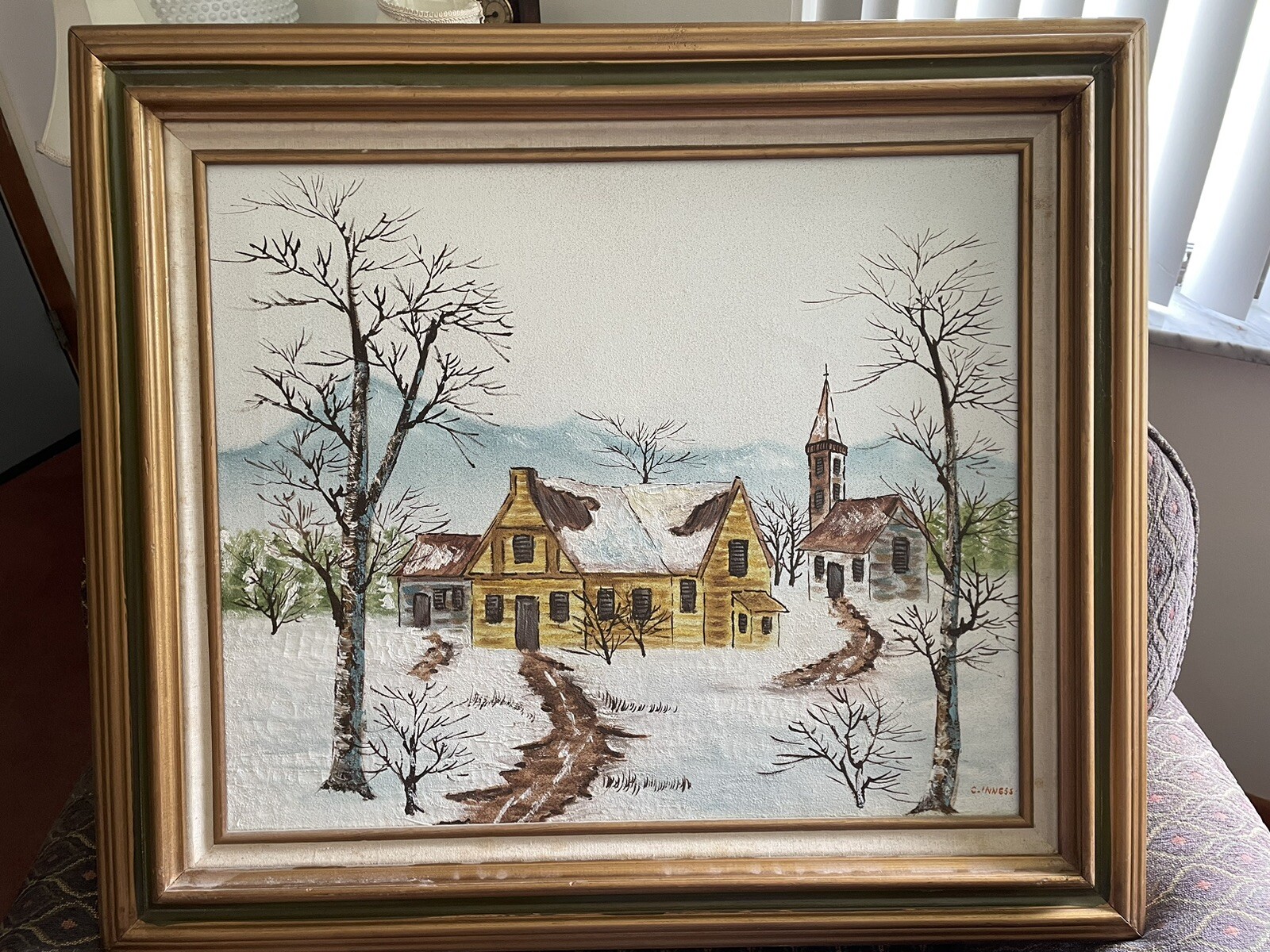 C Inness Signed Orig. Oil Painting Snowy Scene Of Home And Church