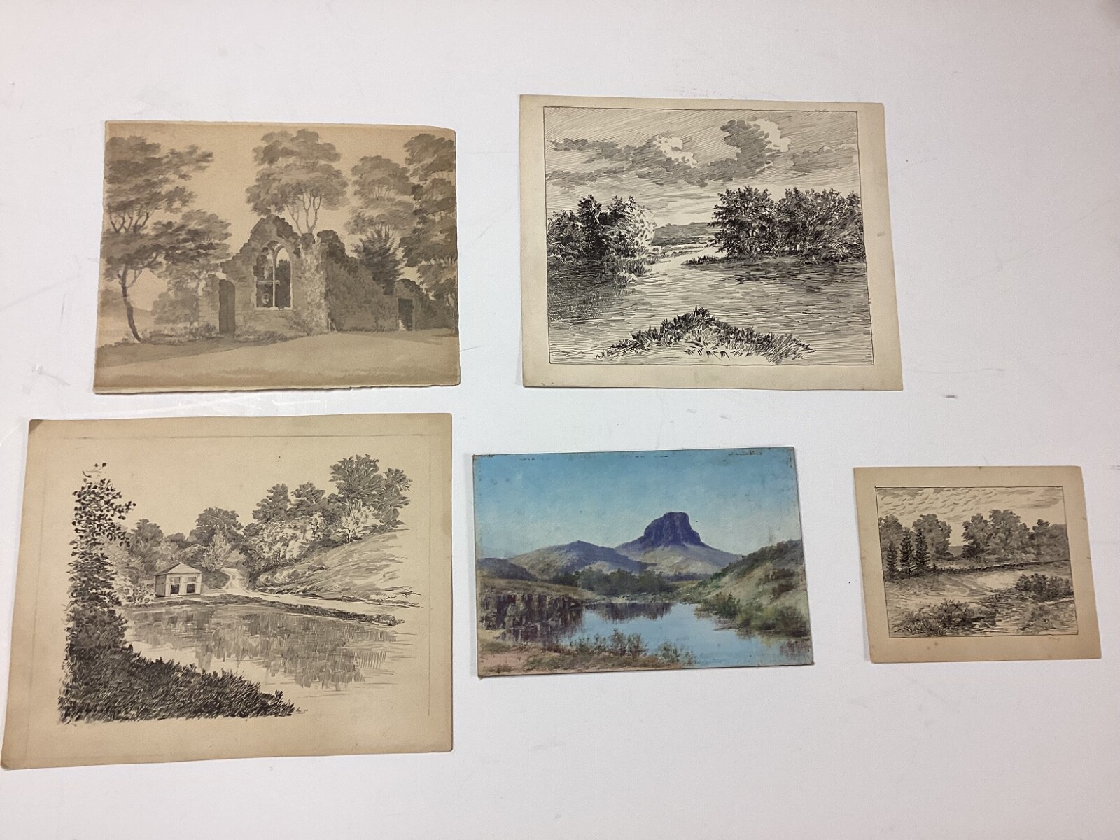 5 Antique Works Of Art 3 Pen & Inks Oil Painting, Pencil