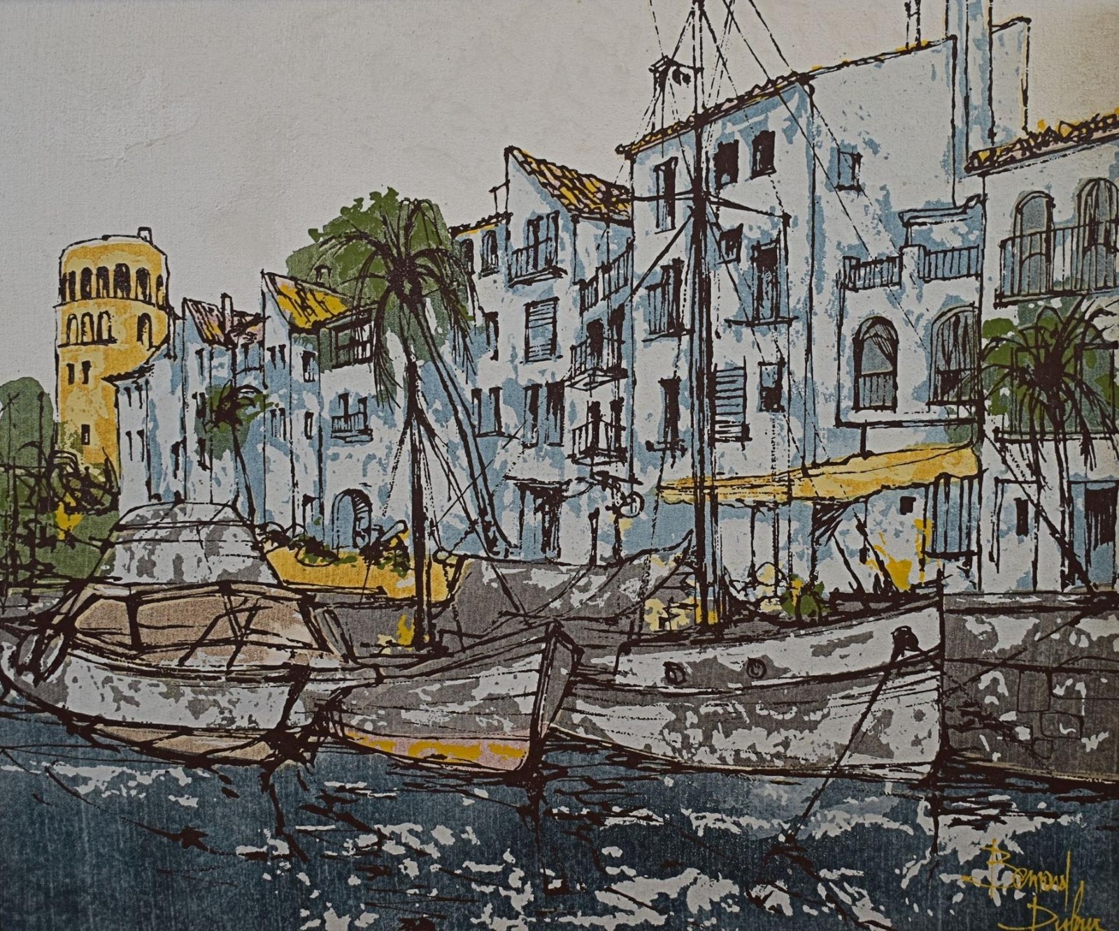 A Busy Mediterranean Fishing Port Oil Painting Bernard Dufour c1975 French Schl