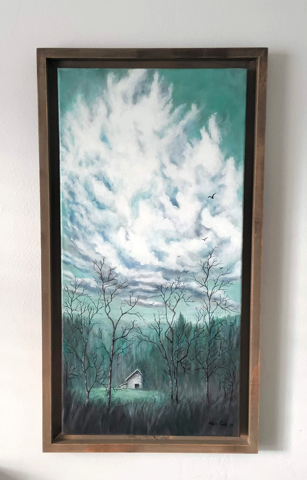 Original Expressionist Forest and Clouds 12 x 24 Acrylic Painting Framed