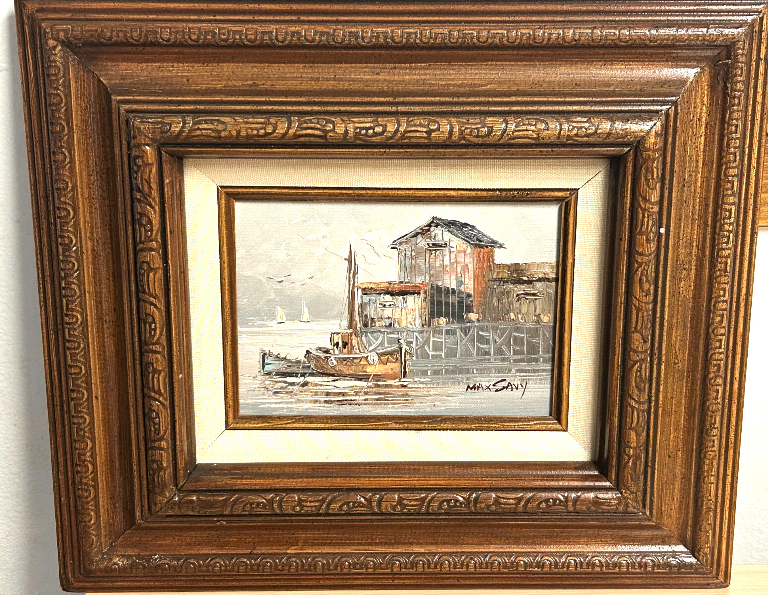 Max Savy Rare Small 5 x 7 Original Oil Painting Harbor Scene (12 x 10 framed)